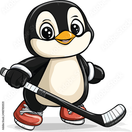 Cute Penguin Playing Hockey Cartoon Vector