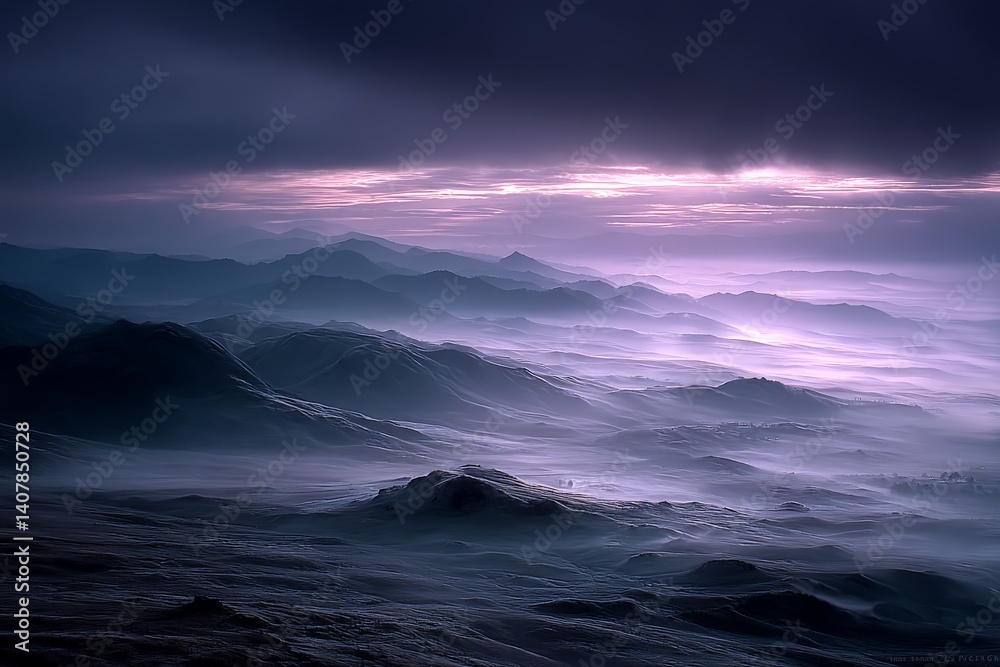 Fototapeta premium Misty mountain landscape at dawn with soft purple hues and rolling hills in serene nature