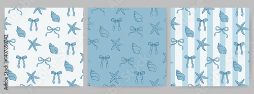 Coquette summer seamless pattern with blue bows, shells, and starfish for backgrounds, presentations, wrapping papers, prints, artworks. Vector illustration