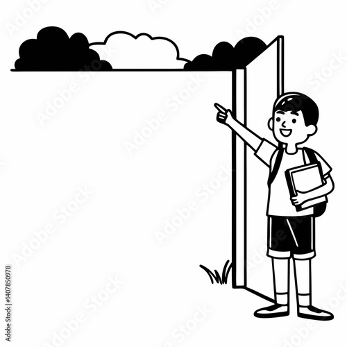 Line Art Smiling little boy pointing at copy space in casual clothes with books for studing at school