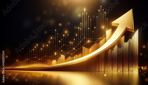 Gold up arrow increase for success and development.Golden economic stock profit chart and investment. Generated image