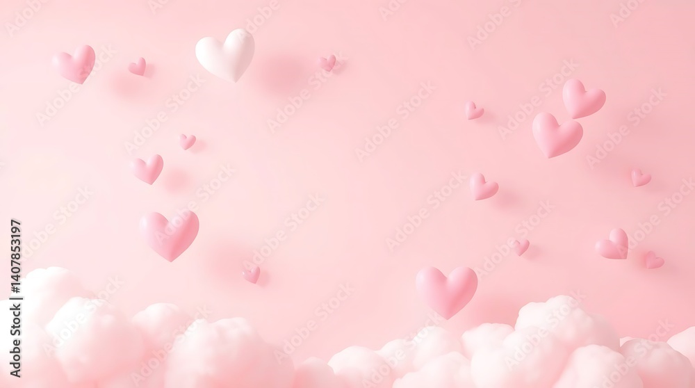 Sweet Pink Valentine: Floating 3D Hearts and Soft Clouds on a Gentle Pink Backdrop for Romantic Designs