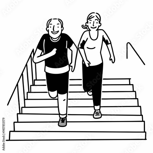 Line Art Sporty happy elderly couple running down the stairs with look on each other