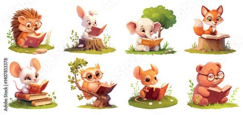 animals reading cartoon. cute hedgehog hare elephant fox mouse owl bear with book, glade grass stump summer childrens fairy tale school learning vector illustration
