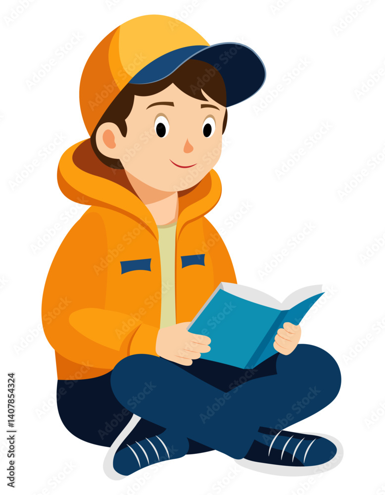 cheerful cartoon boy sitting cross-legged reading a book child is wearing an hoodie, showcasing a happy expression vector illustration isolated on white background cheerful cartoon boy sitting cross-legged reading a book child is wearing an hoodie, showcasing a happy expression vector illustration isolated on white background