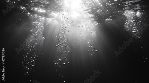 Close-up Black and White Underwater Bubbles Texture in High Contrast Dramatic Lighting for Refreshing Carbonated Drink Menu photo