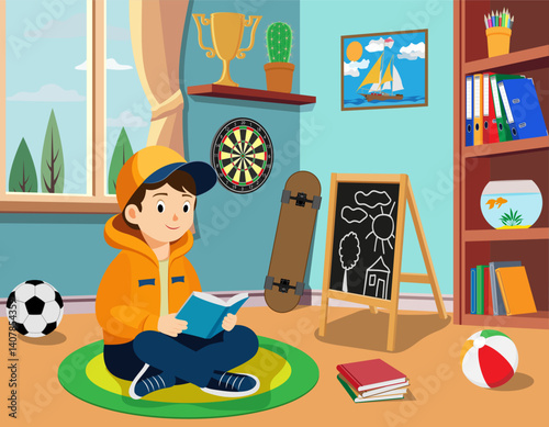 young boy sitting cross-legged reading a book in a vibrant playroom showcasing a cozy and engaging environment for learning and creativity vector illustration