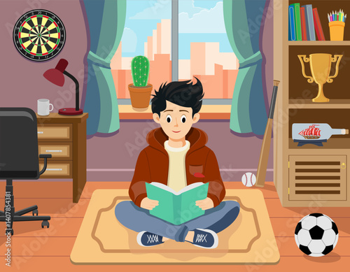 young boy sitting cross-legged reading a book in a vibrant playroom showcasing a cozy and engaging environment for learning and creativity vector illustration