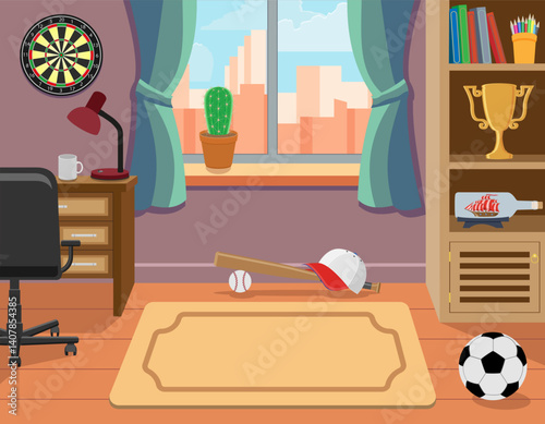 cozy children boy room filled with toys, books, a dartboard, a soccer ball and other sports equipment vector illustration