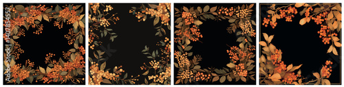 frames branches berries set. frame sea buckthorn background, berry branch gold vintage painting watercolor nature botany vector illustration