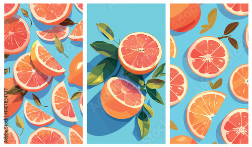 grapefruits cartoon set. grapefruit on blue table background, fruit orange citrus slice cut green leaves red vitamins juice top view summer vector illustration
