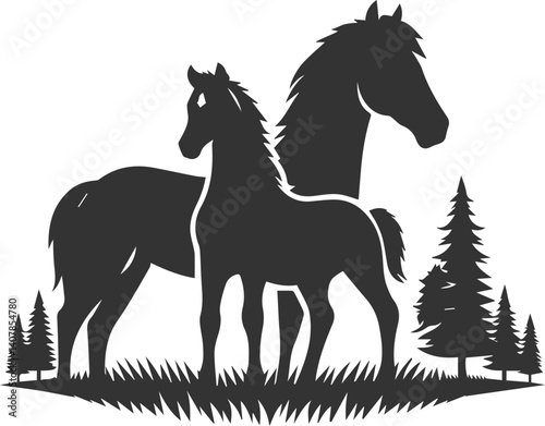 Horse with tree vector animal silhouette