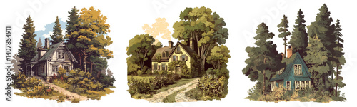 houses in the forest. village wooden house background set, rural lonely abandoned color vintage picture fairy tale postcard vector illustration