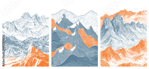 mountain engraving background. gray orange drawing mountains, rock gorge vintage asia japan china sunset sketch pencil line stylization minimalism print nature imprint painting vector illustration