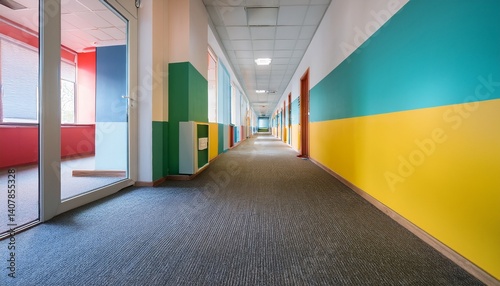 an empty hallway of educational institution with colored painted walls school or kindergarten corridor interior