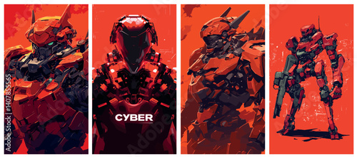 robot cyborg cartoon set. military robots on red background, cyborgs cyber game character bionic iron artificial digital technology fiction fantasy vector illustration