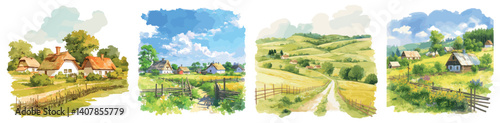 rural landscape watercolor. village painting background set, nature summer old rustic postcard vector illustration