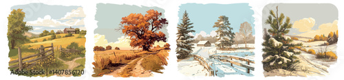 summer spring winter autumn. seasons landscape background set, season nature countryside village rural vintage painting vector illustration