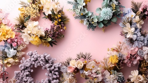 Easter decoration chick ornaments festive banners. Charming Pastel Floral Wreaths Arrayed on Light Pink Backdrop Decorative Flower Arrangements Display.