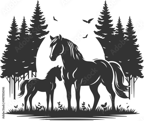 Horse with tree vector animal silhouette