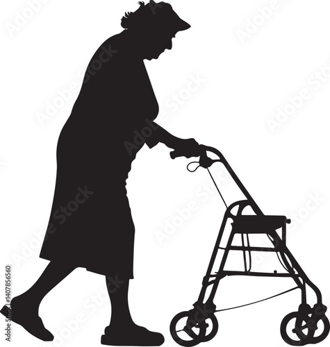 Black vector silhouette of a old woman walking illustration