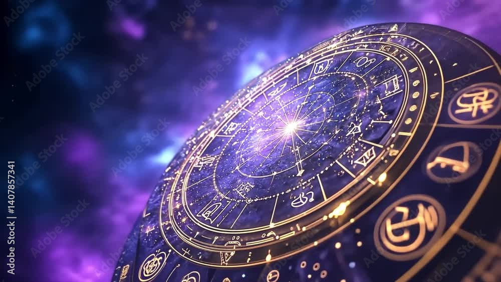 Cosmic circle with golden symbols against a vibrant starry night sky in deep space