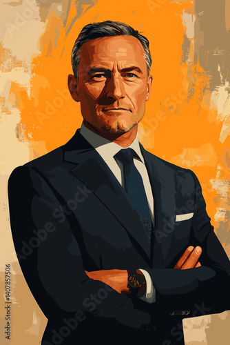 Vector illustration of a confident older man in a dark suit with arms crossed, standing against a bold orange background with a powerful and elegant presence