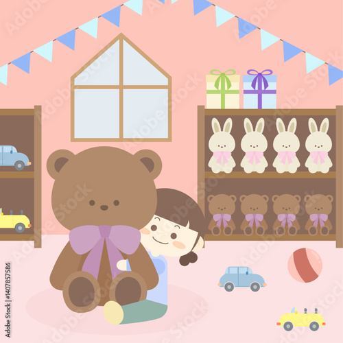 인형과 함께하는 아이의 행복한 놀이방