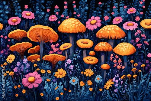 Fantasy illustration of orange mushrooms and vibrant wildflowers in a magical forest, with deep blue foliage and a whimsical, colorful atmosphere