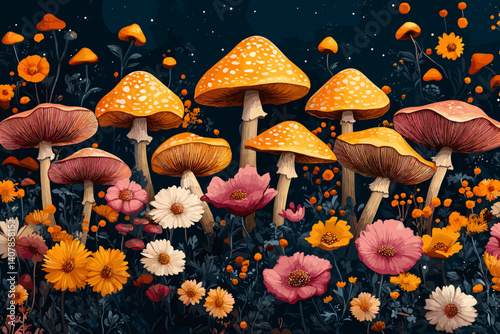 Colorful fantasy illustration of mushrooms and blooming flowers in a magical forest, with dark background and bright orange, pink, and yellow tones for a whimsical atmosphere