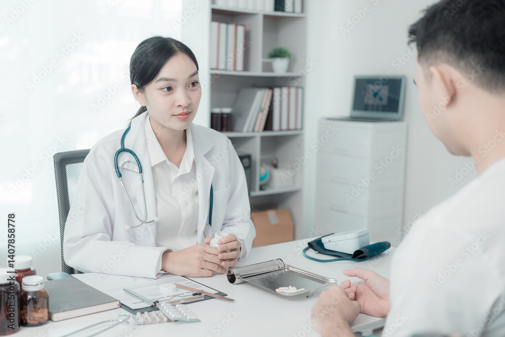Young Asian man consulting with female doctor in medical office, discussing health problems and explaining. Doctor and patient are sitting together at a table in examination room.