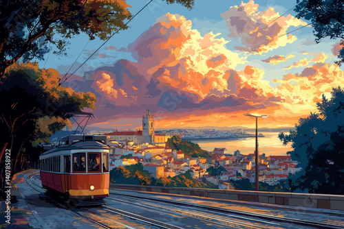 Dramatic sunset illustration of Lisbon with a vintage tram descending a hill, overlooking rooftops, the sea, and vibrant clouds in the golden evening light
