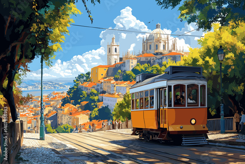 Charming illustration of Lisbon with a classic yellow tram, historic buildings, red rooftops, and a bright sky with clouds, capturing the city's iconic atmosphere