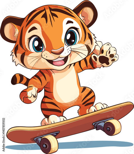 Cute Tiger Playing Skateboard Cartoon Vector