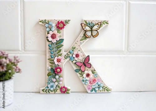 A whimsical and vibrant letter K with a splash background, featuring butterflies and flowers