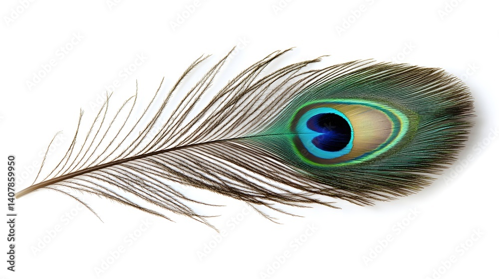 Fototapeta premium A Single Peacock Feather on White Background