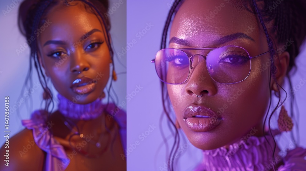 Fototapeta premium Purple-lit portrait of a woman with styled hair and makeup.