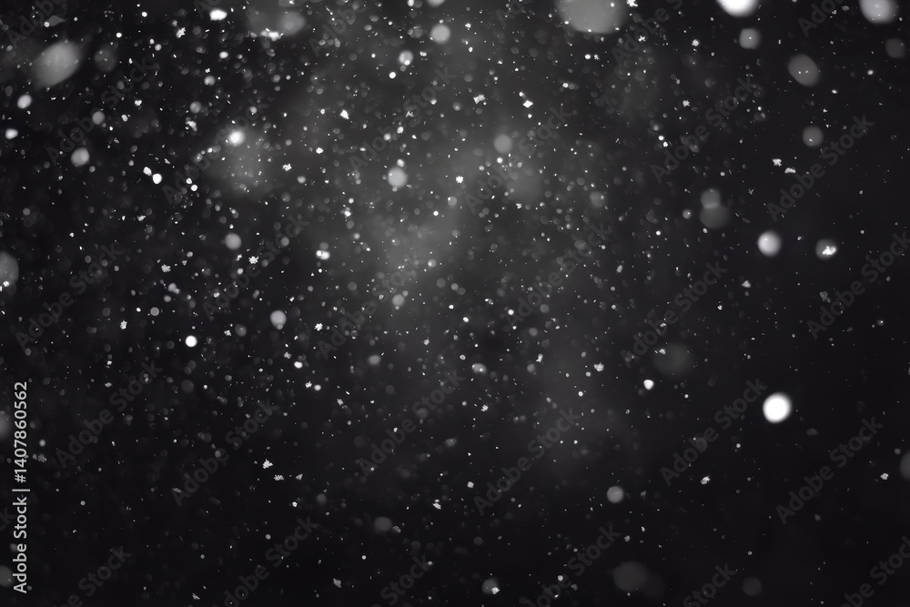 bokeh on black background - particles and glitter falling in dark space, defocused white dust with illuminated texture