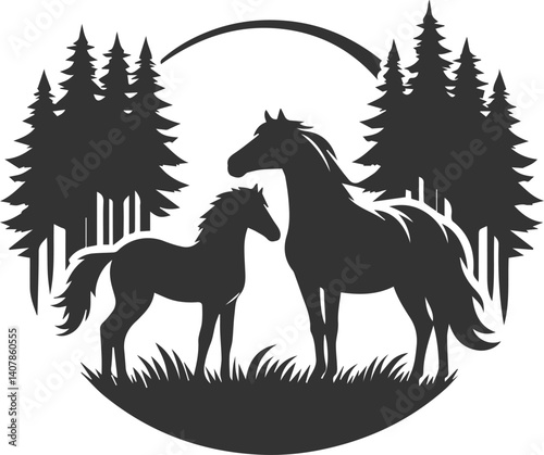 Horse with tree vector animal silhouette