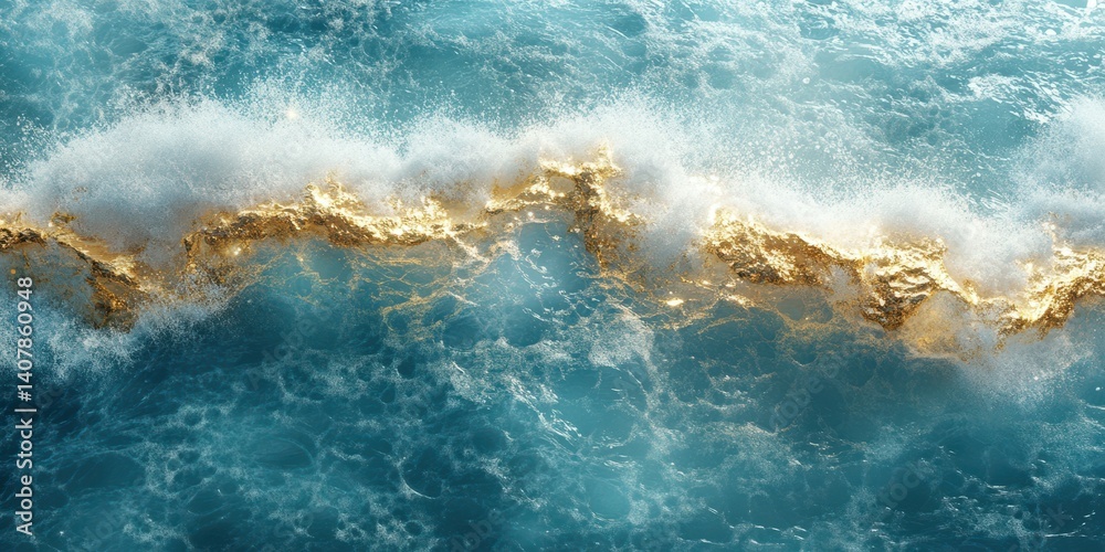 Fototapeta premium Waves crashing with golden highlights under bright sunlight in a serene ocean setting