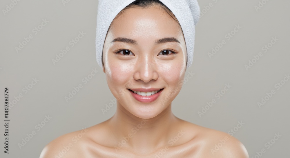 Happy woman with towel smiling after facial care Happy woman with towel smiling after facial care