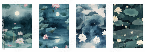 Vector pattern set of a brush-painted lotus pond under pale moonlight background