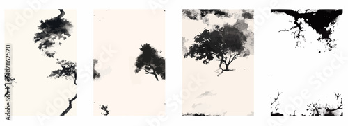 Vector pattern set of a brushstroke ink tree growing from the bottom corner background