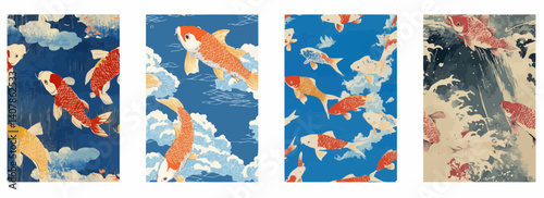 Vector pattern set of colorful carp streamers flying against a blue summer sky background