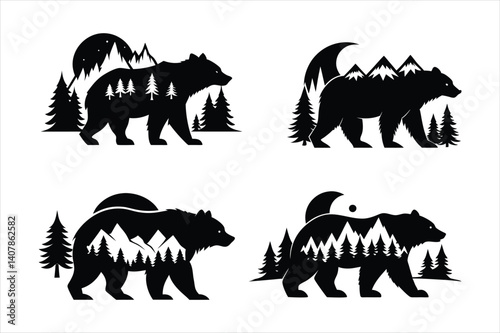 Bear walking in jungle silhouette