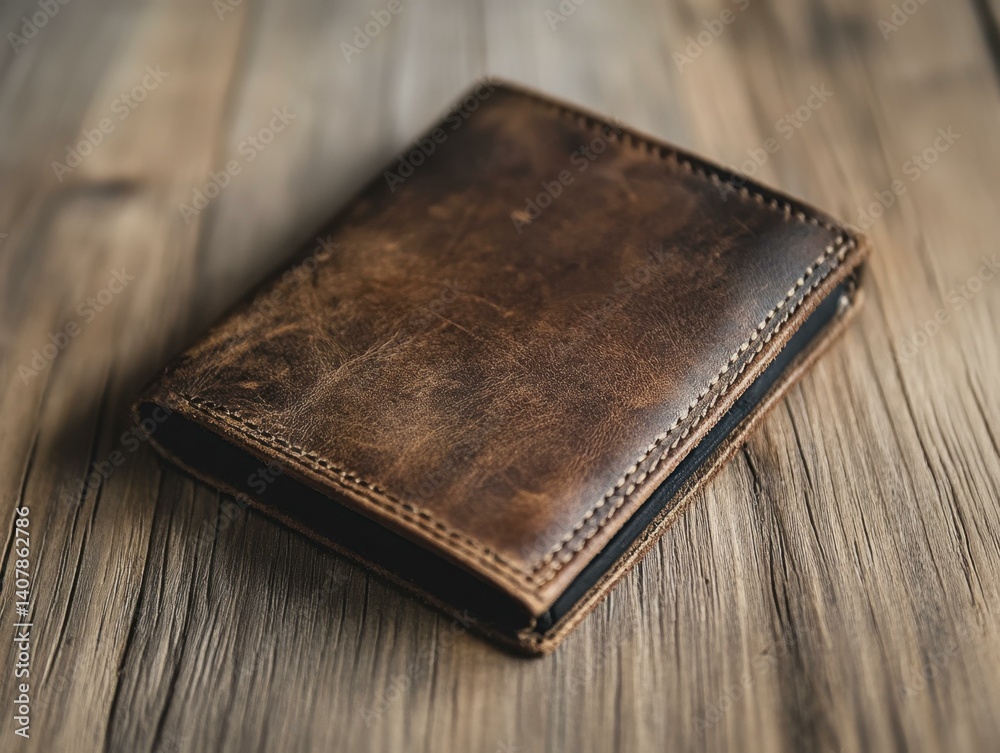Brown Leather Wallet on Rustic Wooden Surface Close-Up Brown Leather Wallet on Rustic Wooden Surface Close-Up