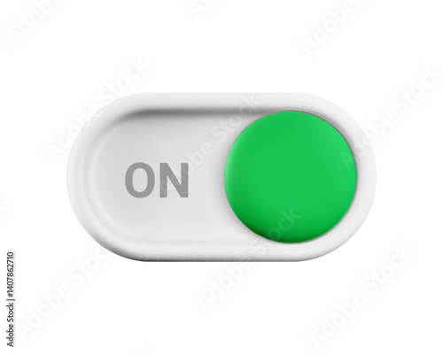 Vector cartoon 3d turn on switch button. Cute realistic 3d white toggle switch slider with green button icon and text ON. Setting toggle design element for mobile app interface, web, game, ui.