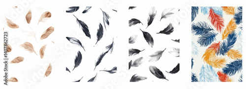 Vector pattern set of a lightly drifting crane feather on a white background