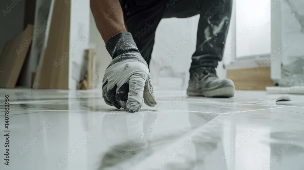Fototapeta premium Mason leveling a floor for tile installation. Featuring skill and floor preparation