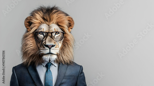 Portrait of a Lion in a Business Suit and Glasses Against a Gray Backdrop